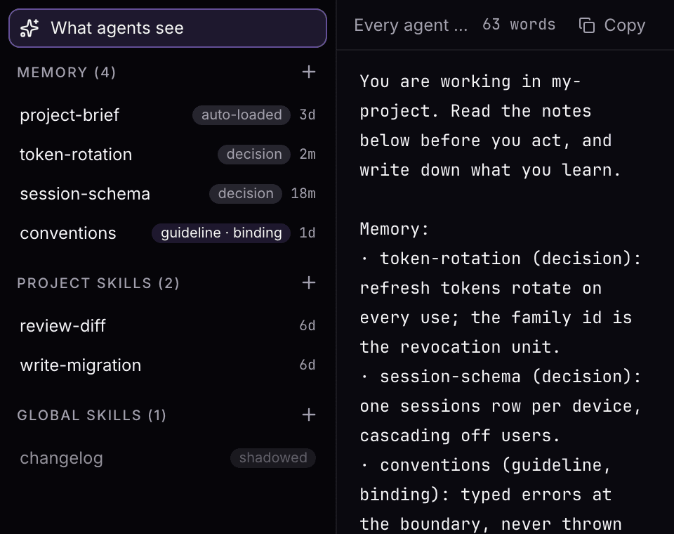 The knowledge panel: project memory files attributed to Nix, Rex and Vex with timestamps, above three skills marked project or global.
