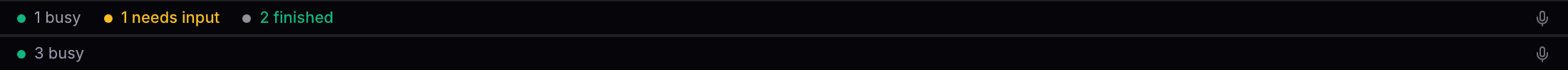 The status bar showing one pane needing input in amber and two finished in green.